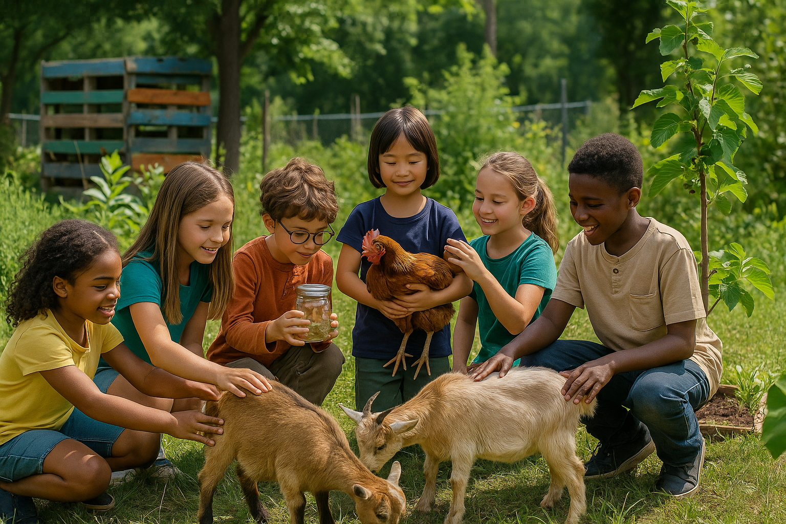 Children feeding goats and petting chickens in a garden