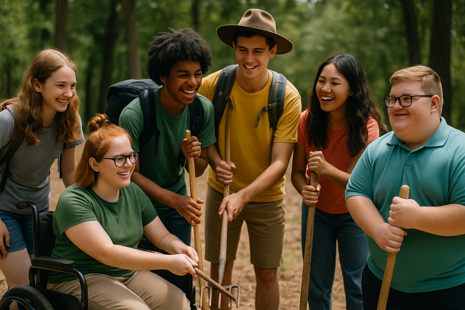 Teens of diverse backgrounds, body types, and abilities working together on an outdoor camp project.