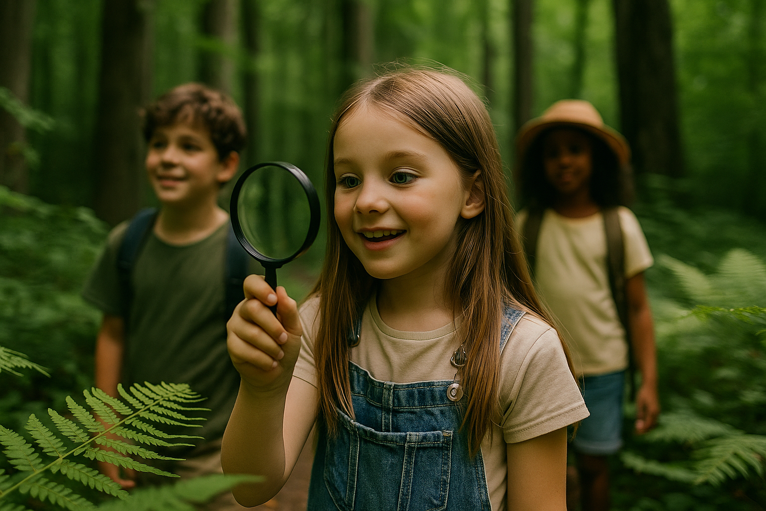 Three children exploring a lush forest trail during camp